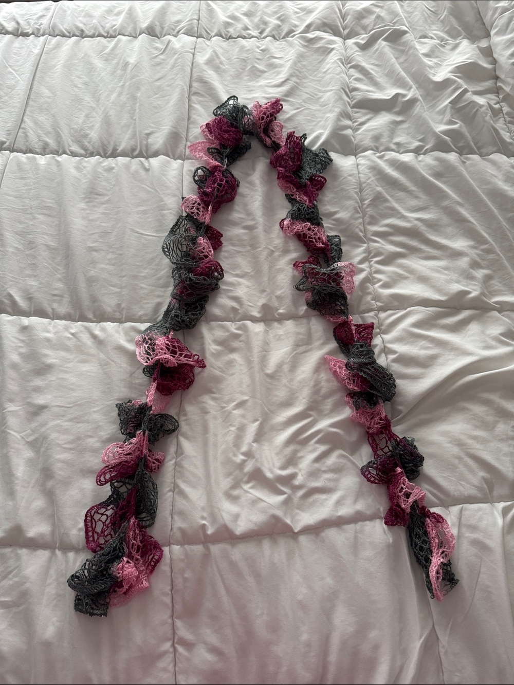 Ladies Ruffle Crochet Scarf - Pink & Gray